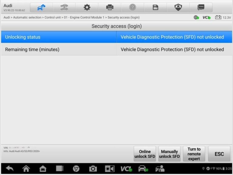 SFD が not unlocked と表示されている Security access 画面