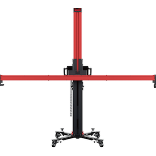 Red automotive alignment lift with long horizontal arms extending from a central vertical post on a wheeled base.