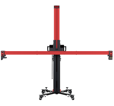 Red automotive alignment lift with long horizontal arms extending from a central vertical post on a wheeled base.