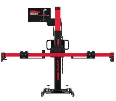 Red-and-black cable-based weight training machine with an adjustable crossbar and monitor on a wheeled stand.