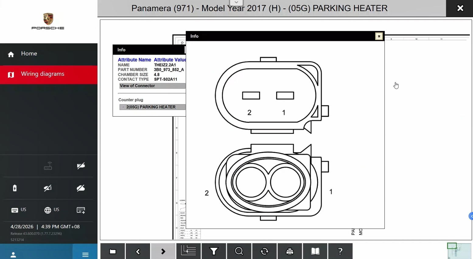 Porsche PIWIS-4 配線図およびコネクター表示画面